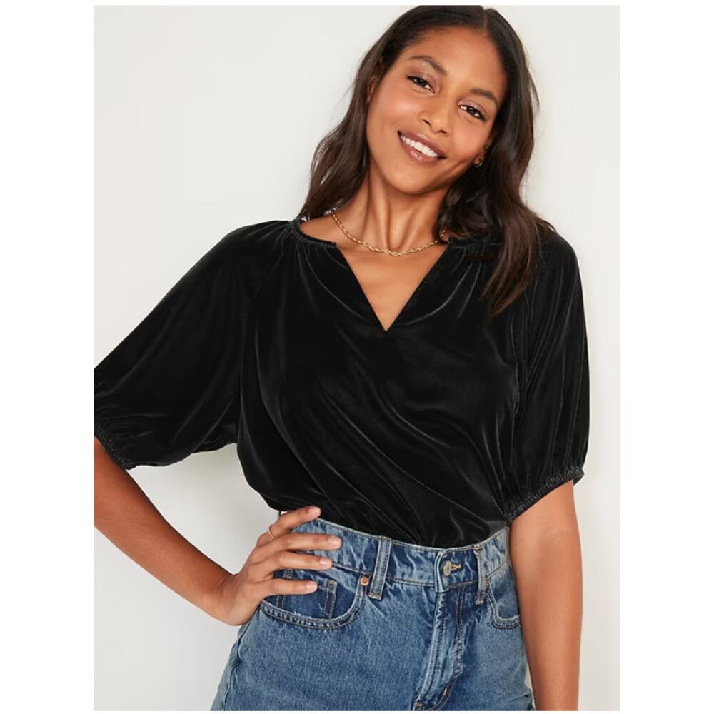 Old Navy Elbow-Sleeve Split-Neck Velvet Swing Blouse Size L NEW WITH TAGS